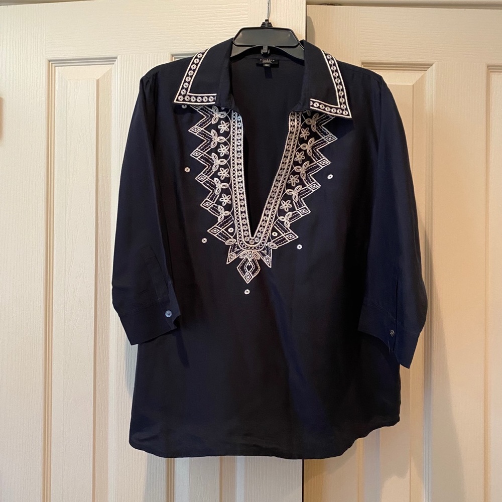 Talbots Navy dress tops with white stitch detail
